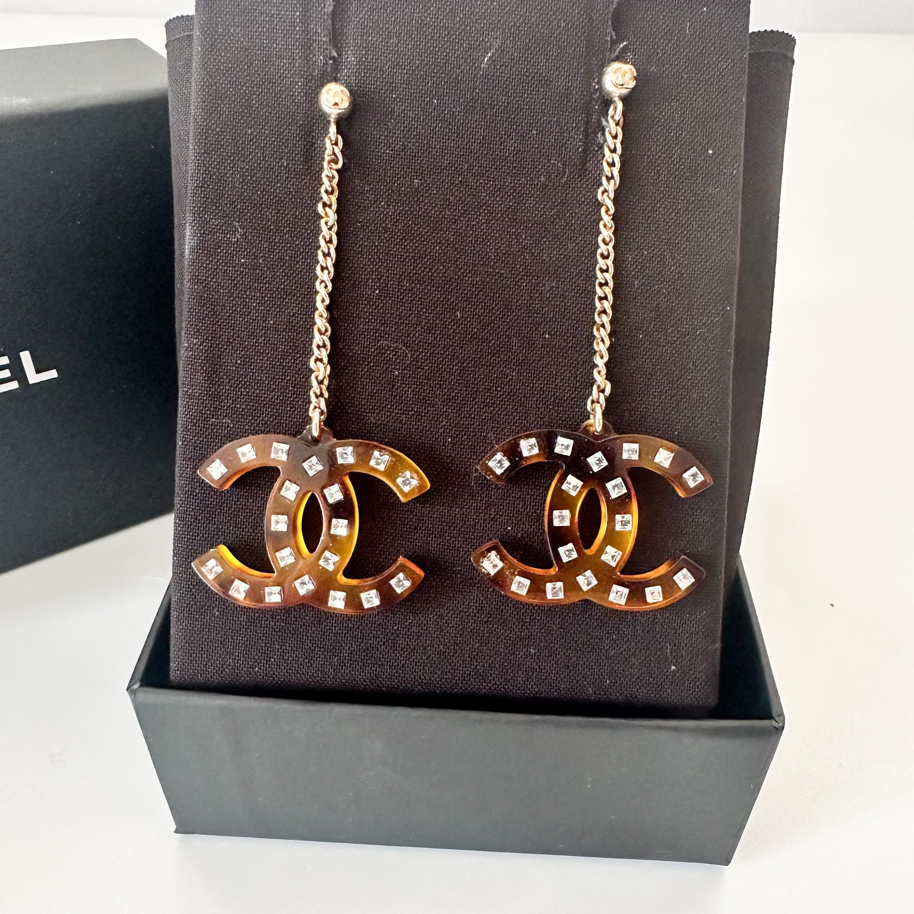 Chanel CC Crystal Drop Earrings in Tortoise