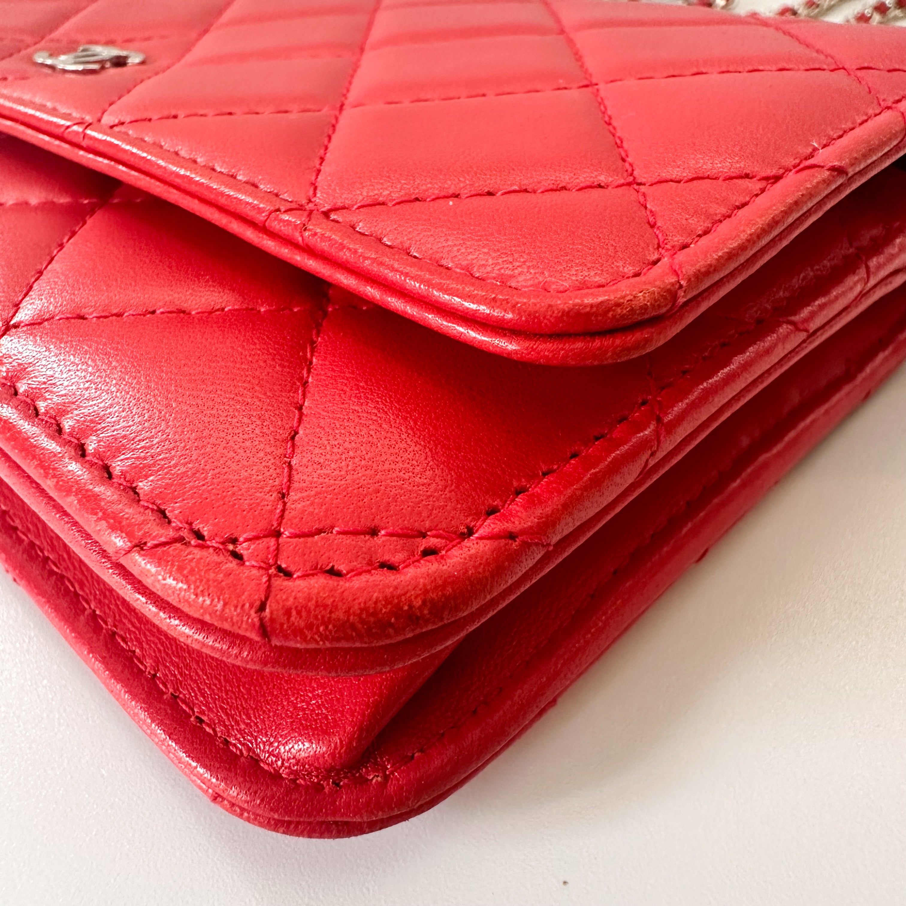 Chanel Lambskin Quilted Wallet On Chain WOC in Red