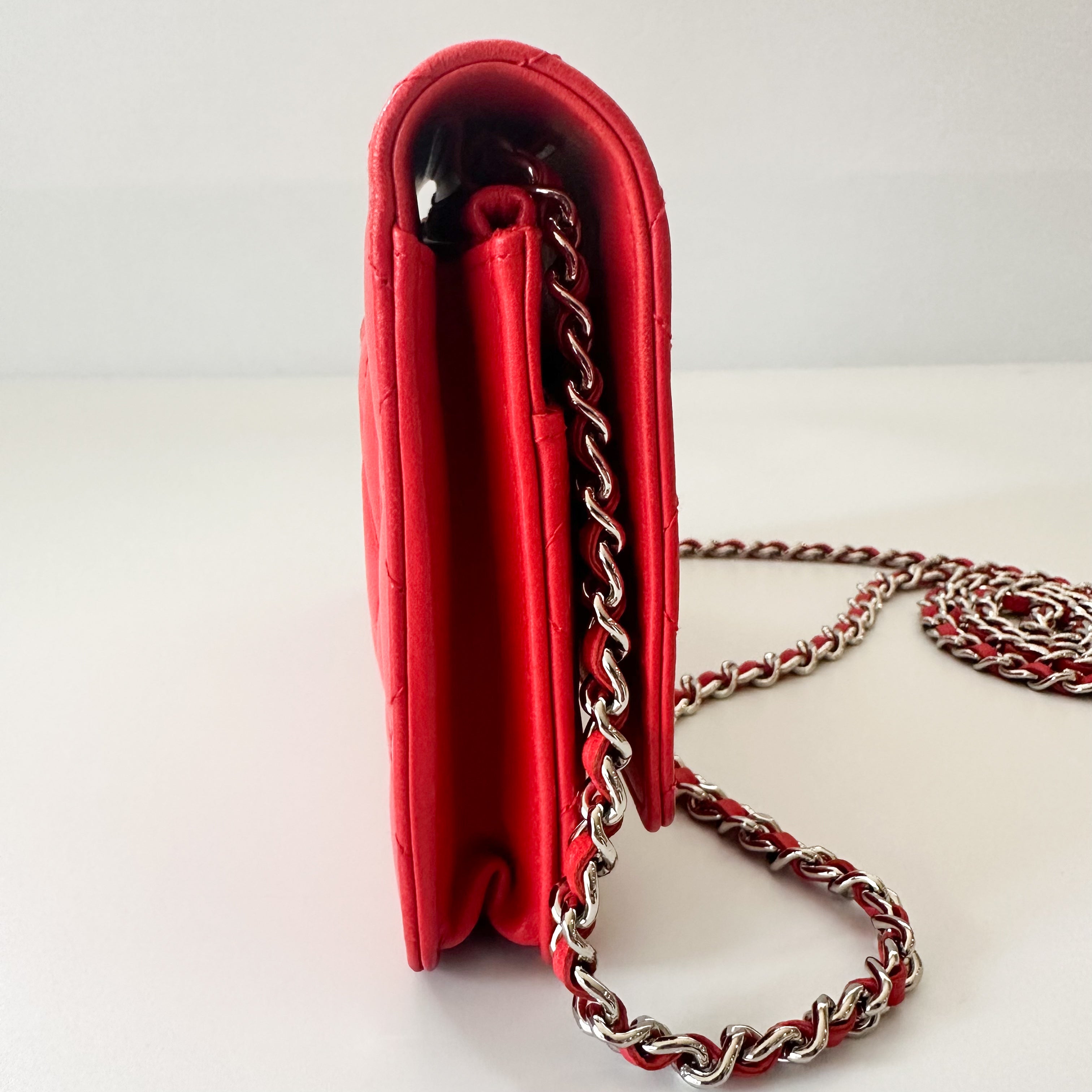 Chanel Lambskin Quilted Wallet On Chain WOC in Red