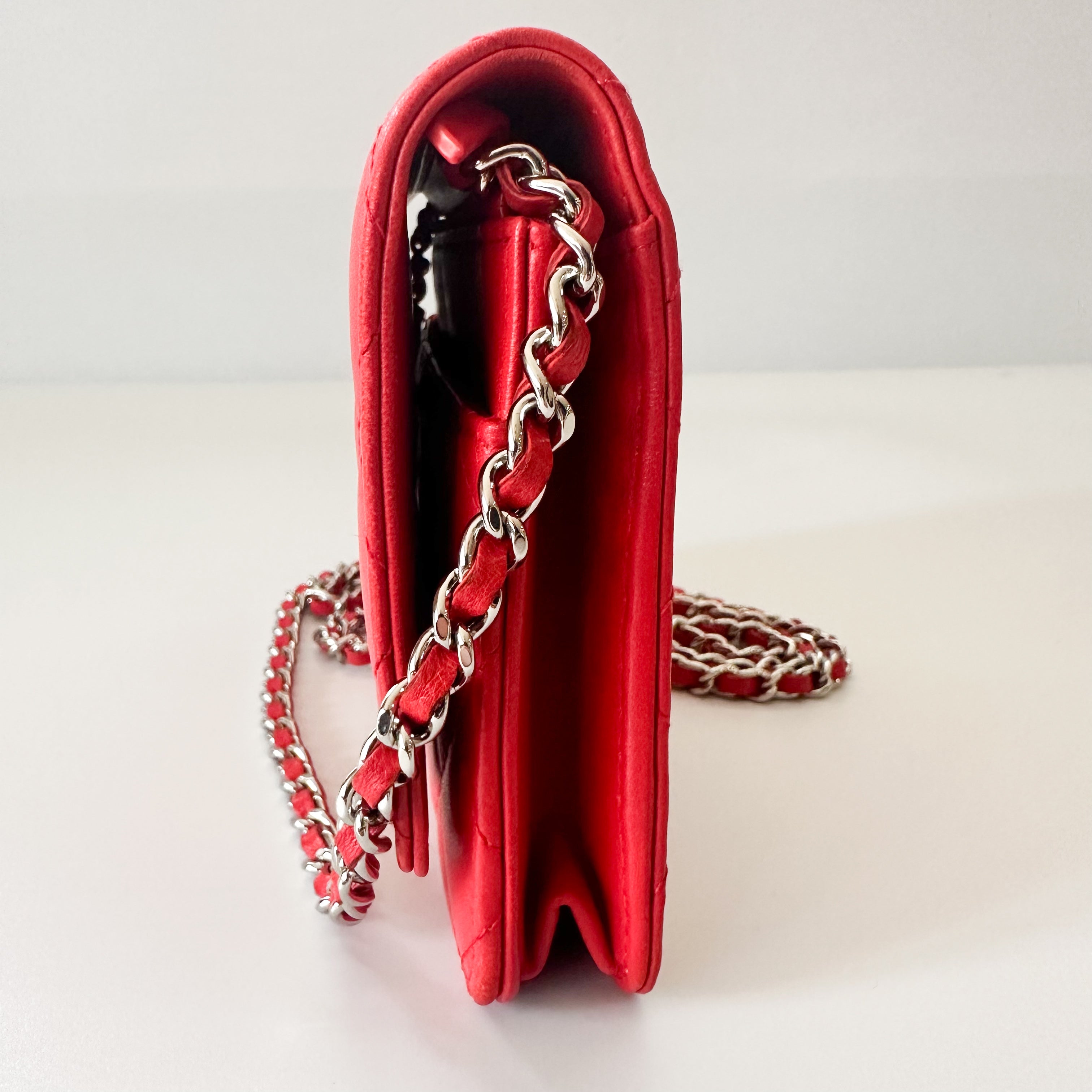 Chanel Lambskin Quilted Wallet On Chain WOC in Red