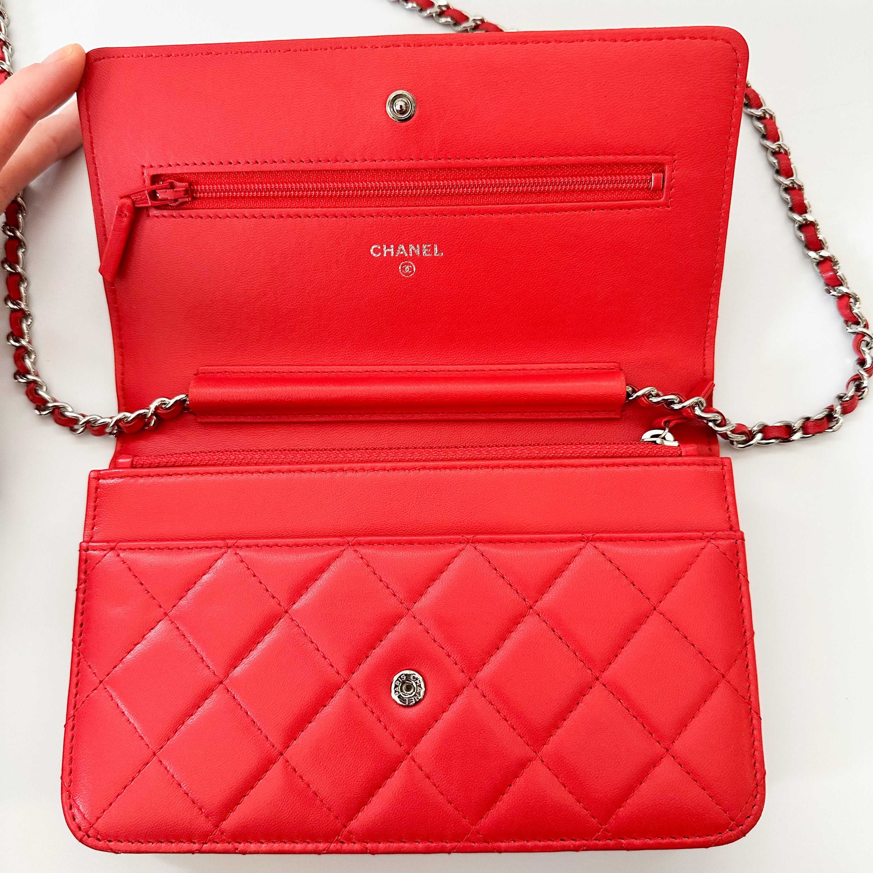 Chanel Lambskin Quilted Wallet On Chain WOC in Red