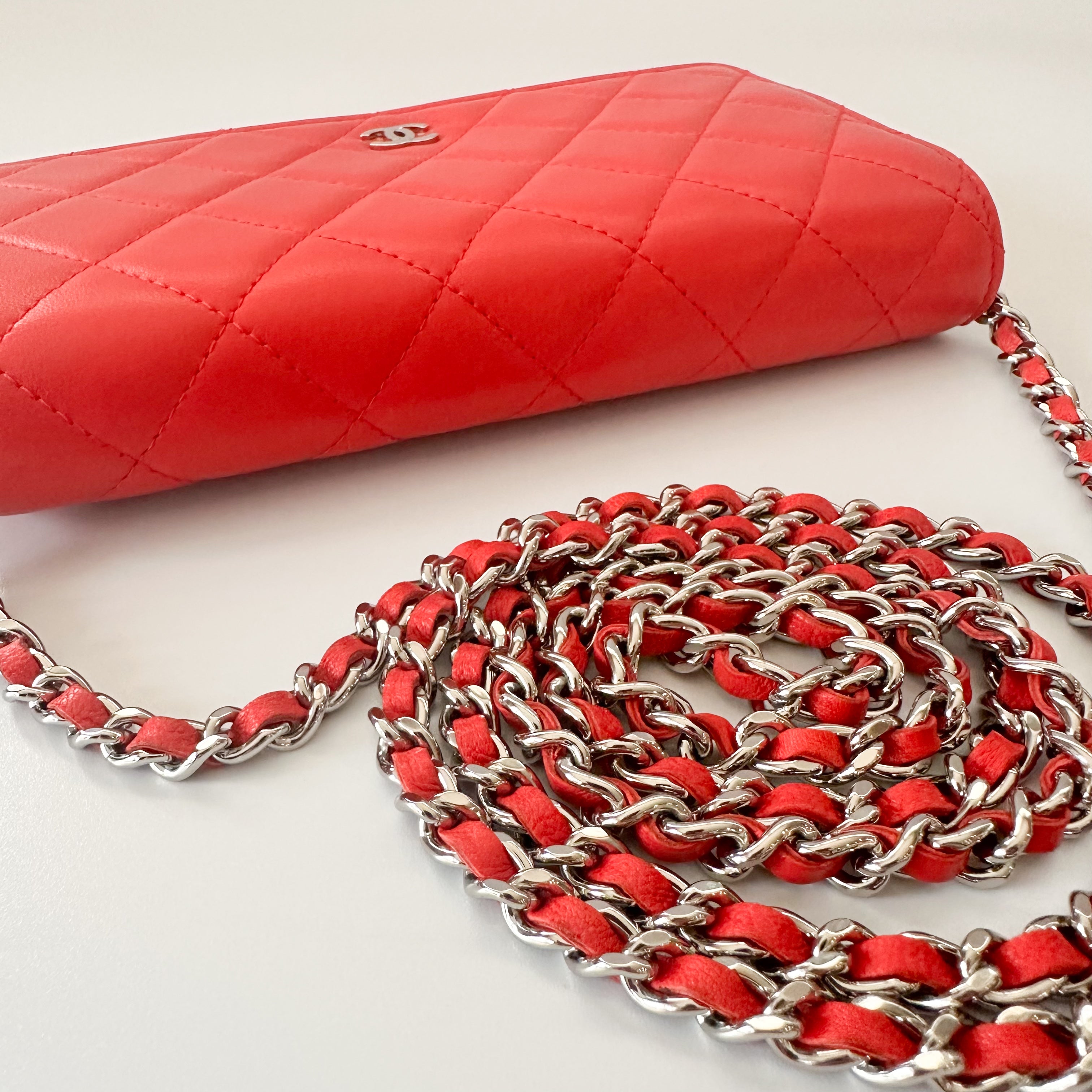 Chanel Lambskin Quilted Wallet On Chain WOC in Red