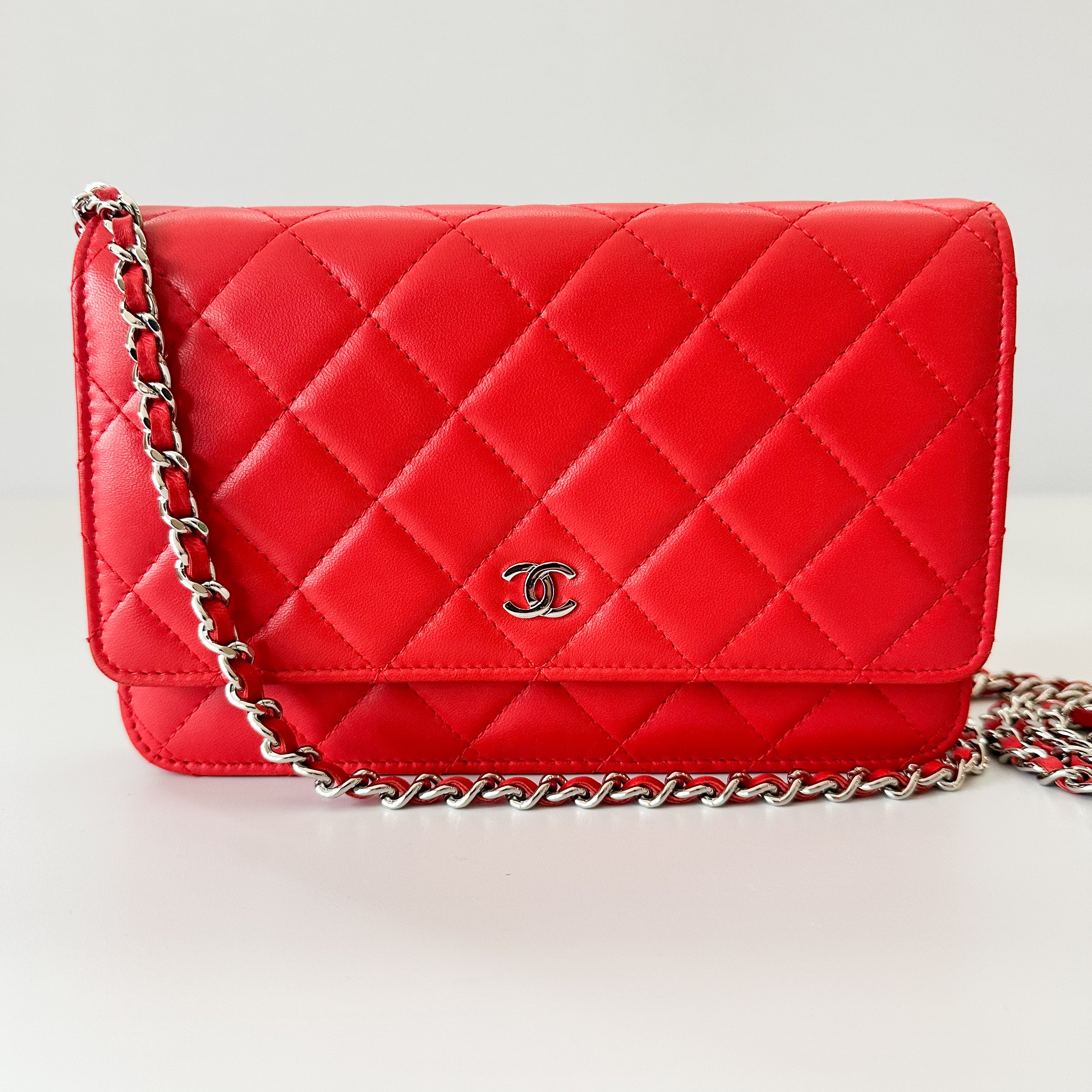 Chanel Lambskin Quilted Wallet On Chain WOC in Red