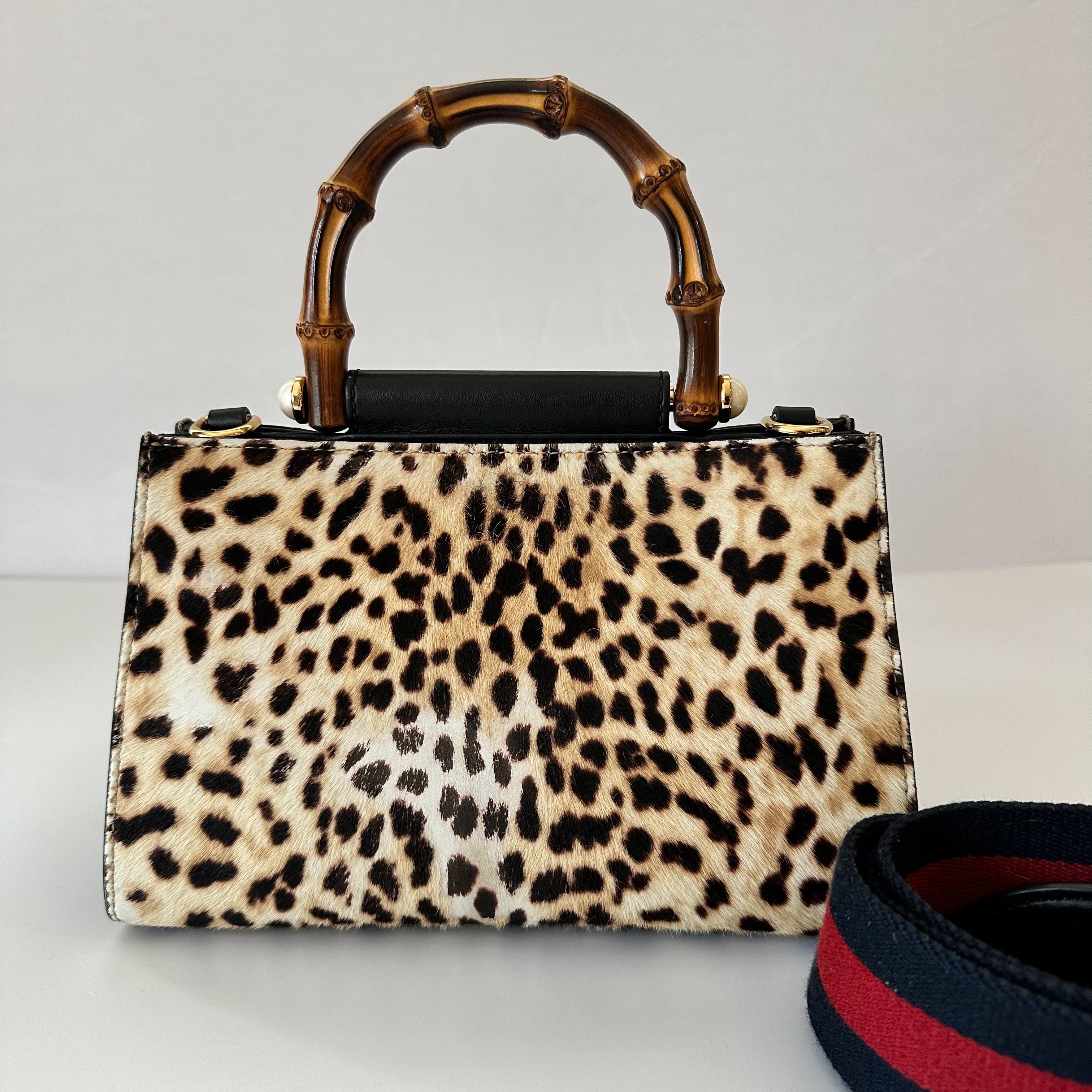 Gucci Pony Hair Mini Nymphaea Bamboo Top Handle Bag Leopard