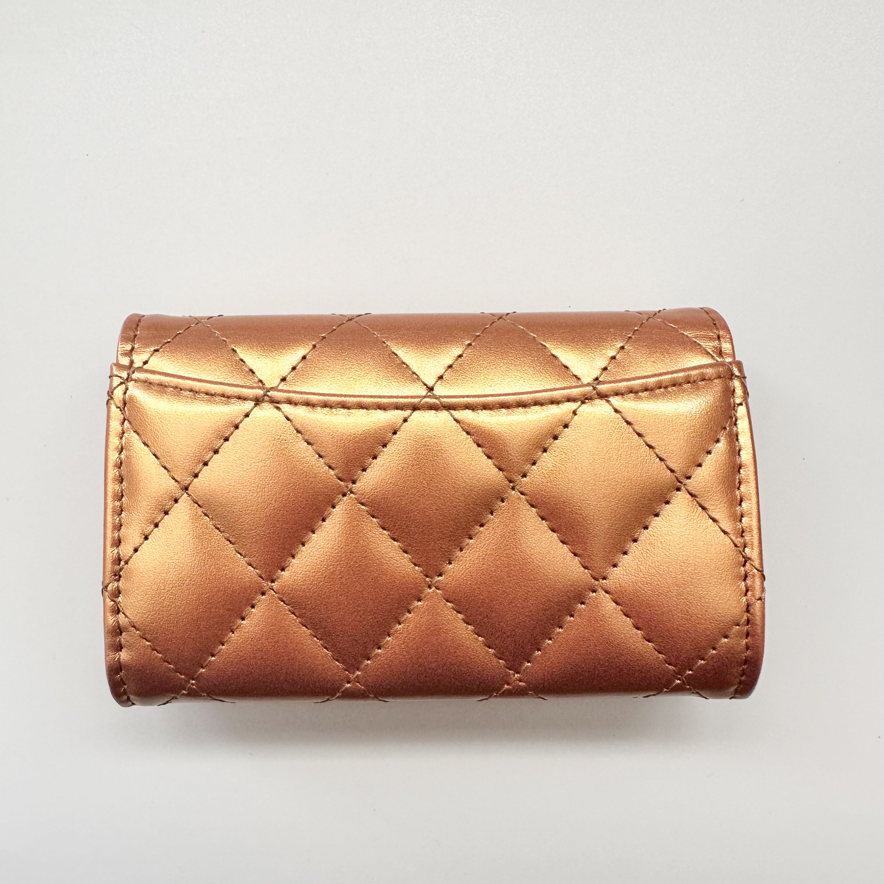 Chanel Metallic Lambskin Quilted Flap Card Holder Wallet Golden