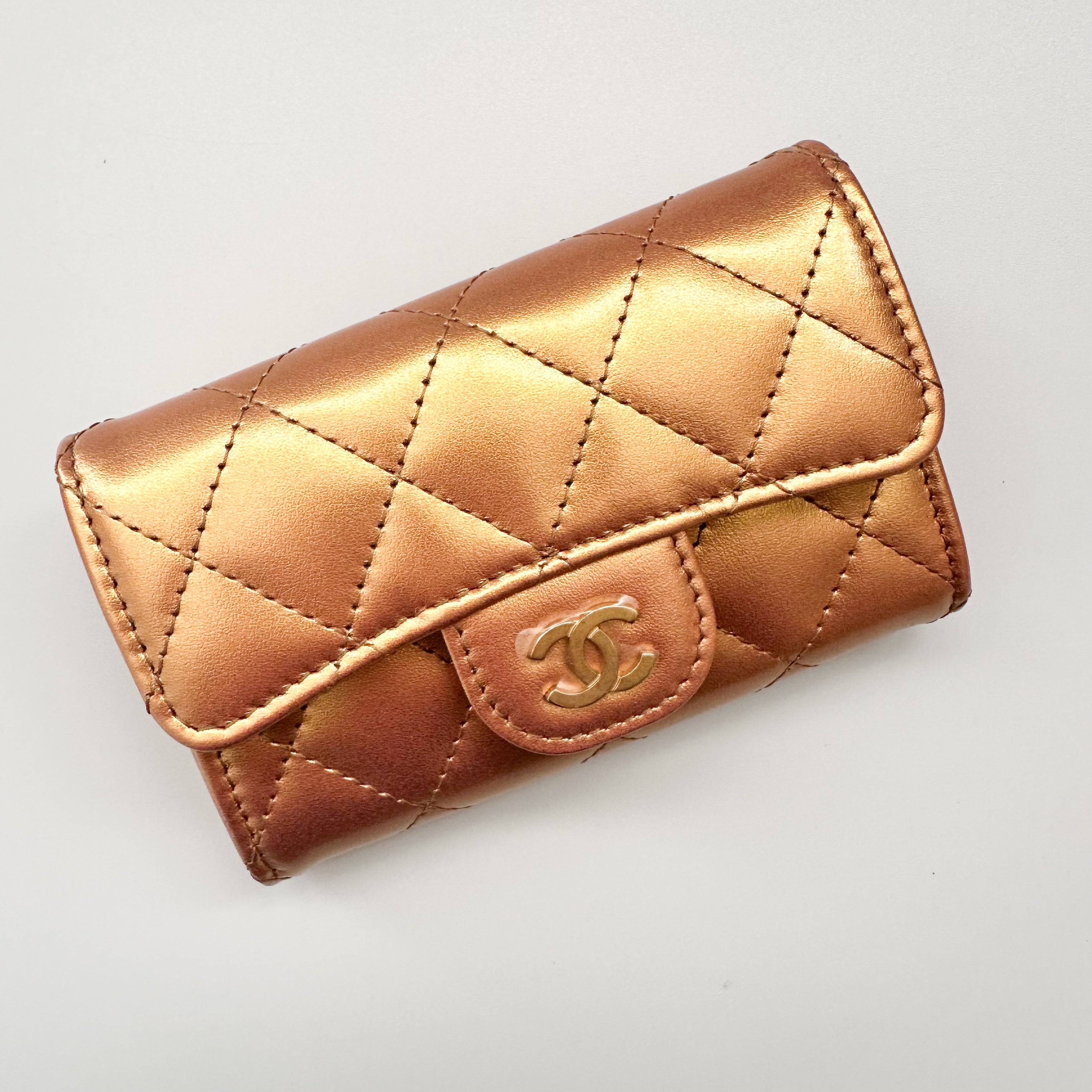 Chanel Metallic Lambskin Quilted Flap Card Holder Wallet Golden