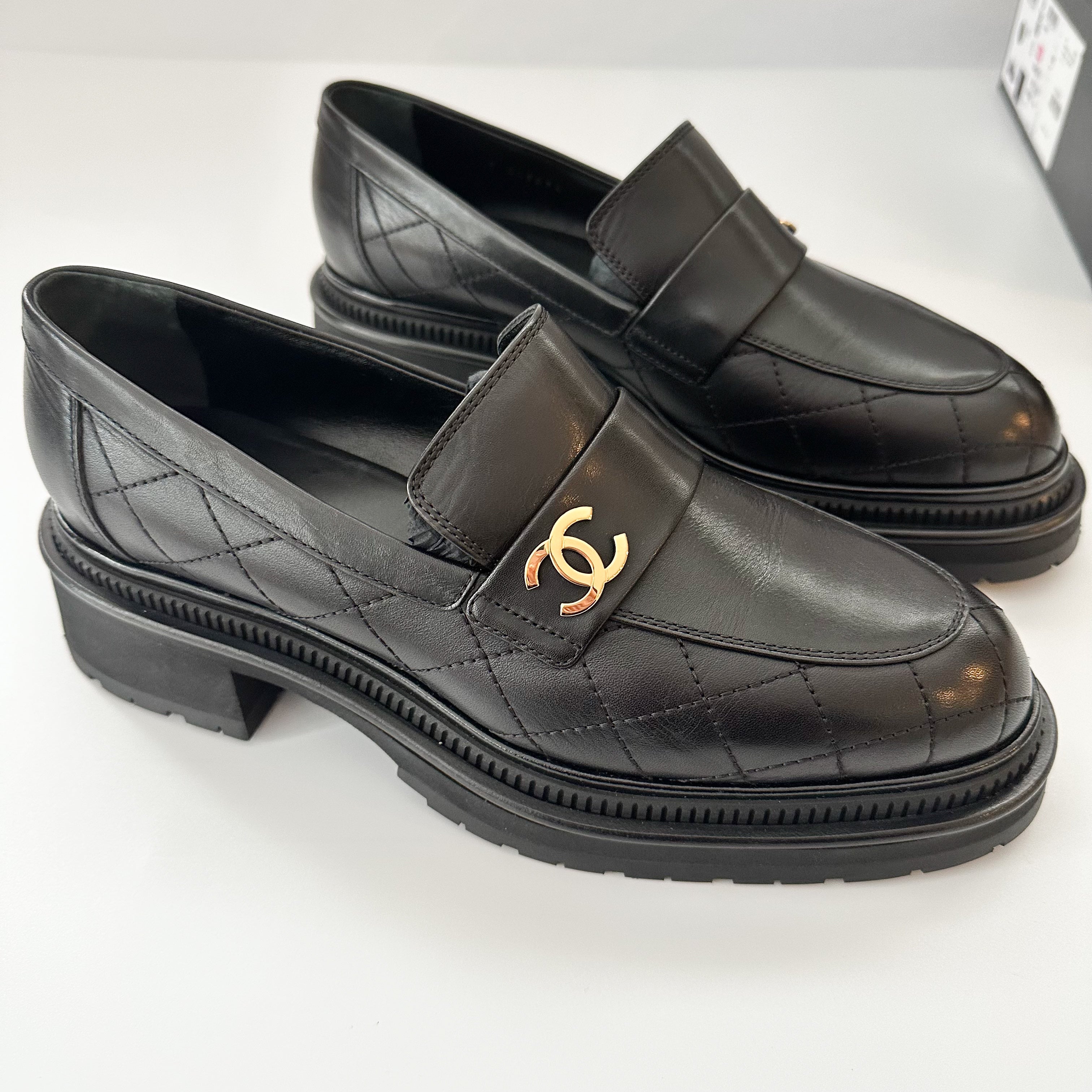 Chanel Calfskin Quilted CC Mocassin Loafers 42 Black