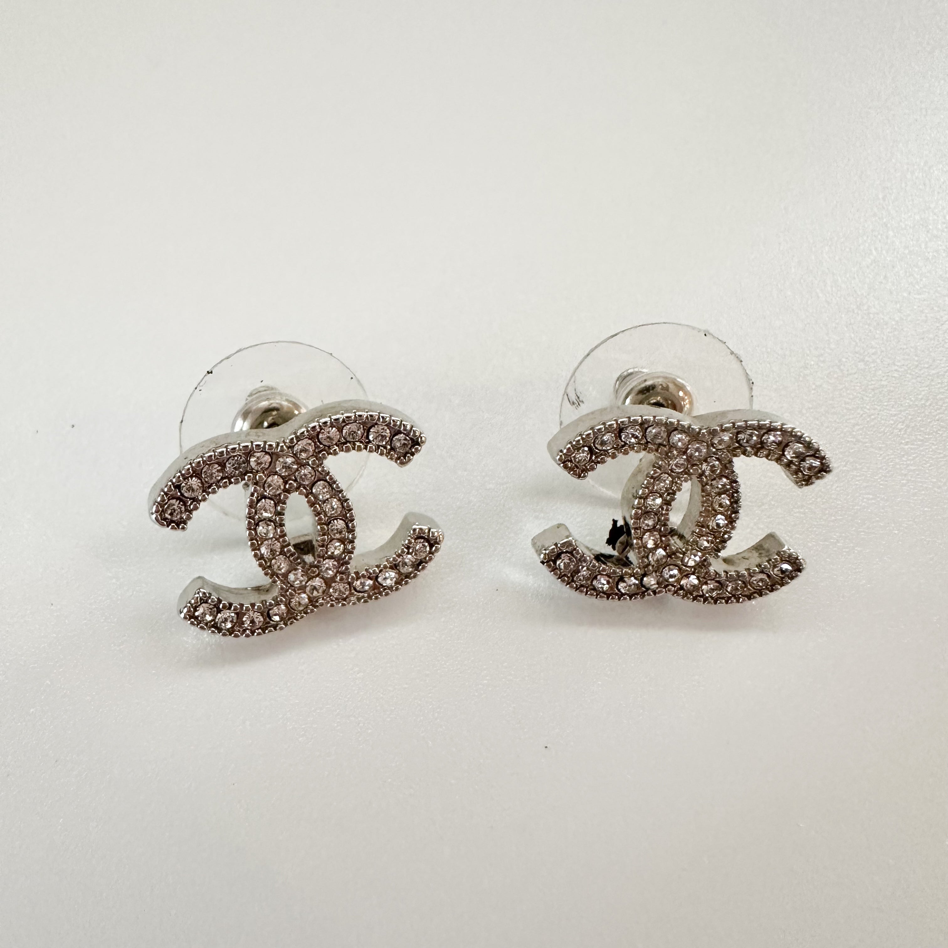 Chanel Crystal Timeless CC Earrings Silver