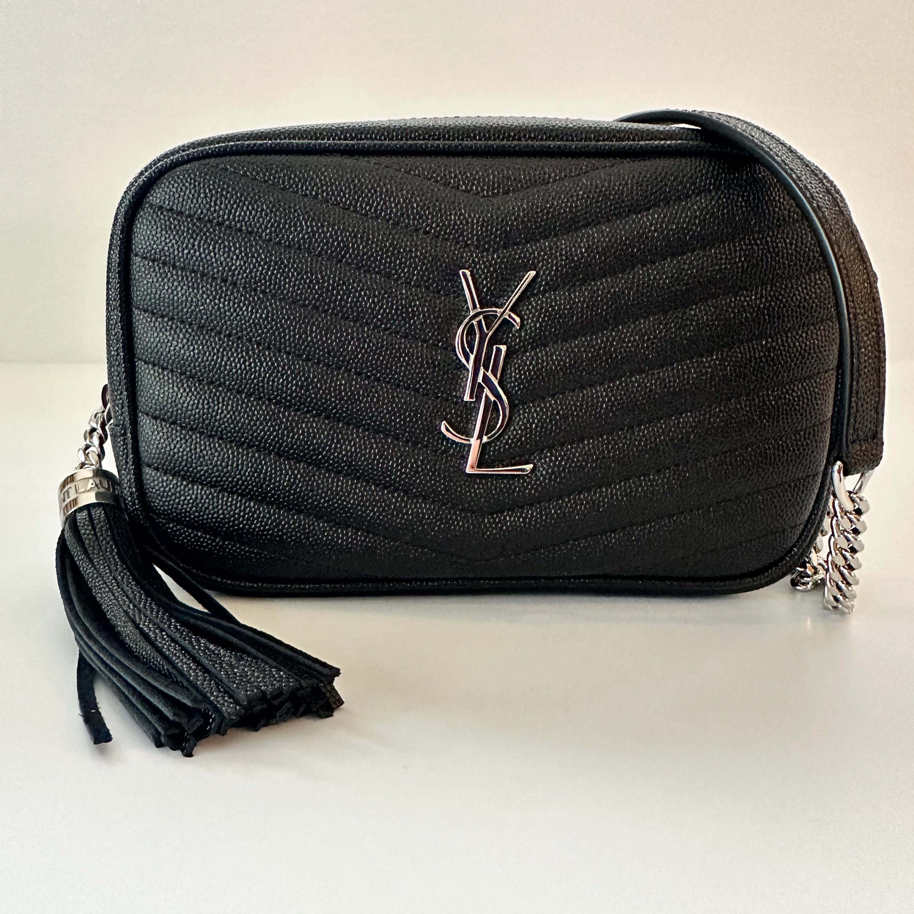 Saint Laurent YSL Grain De Poudre Matelasse Monogram Mini Lou Camera Bag Black