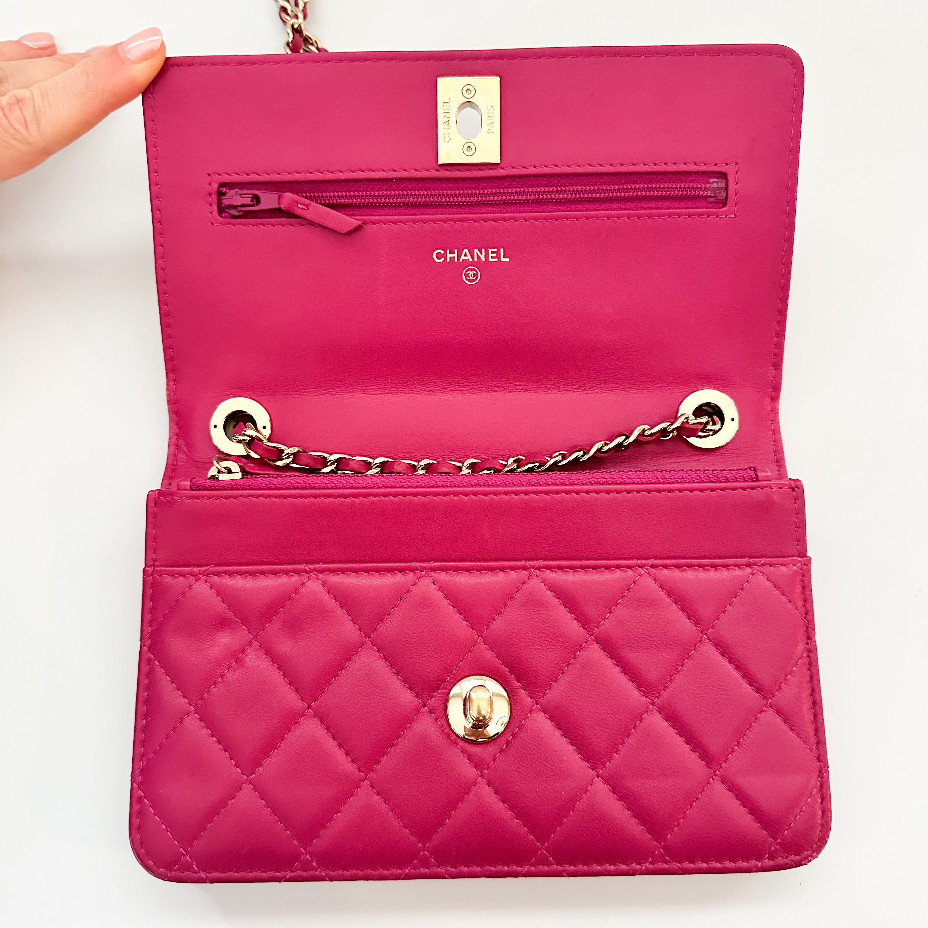 Chanel Lambskin Quilted Trendy Chain CC Wallet On Chain WOC Pink Fuchsia