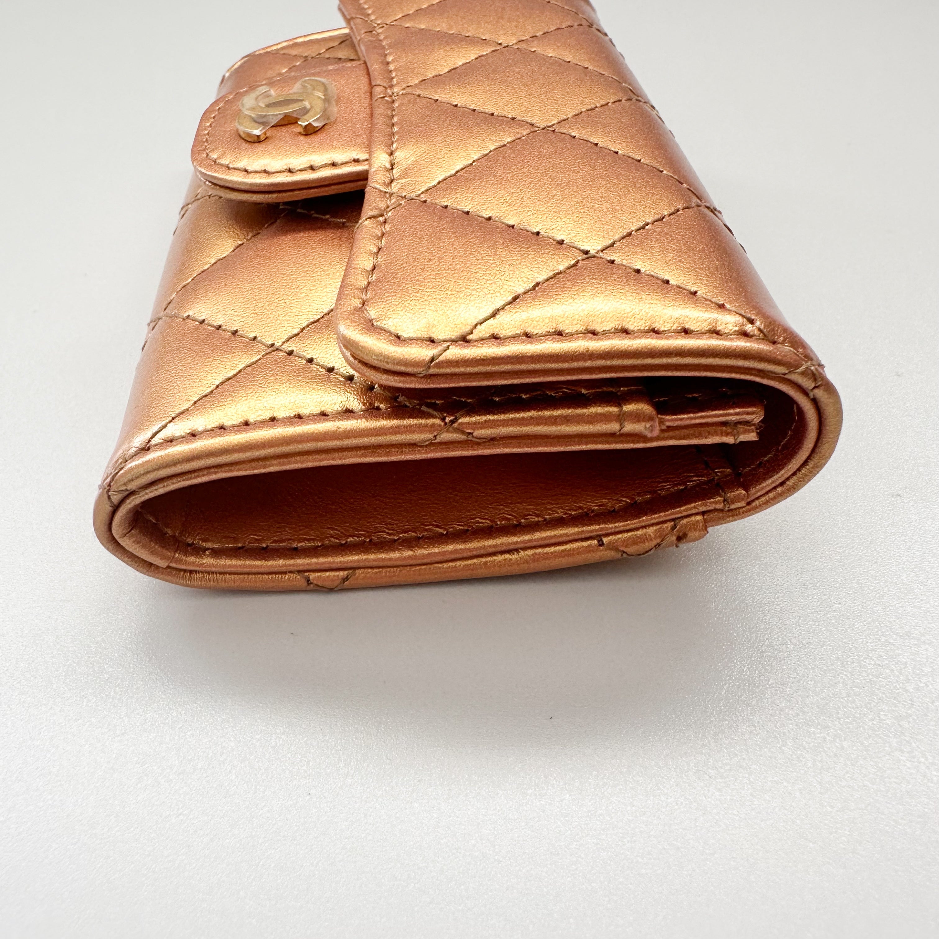 Chanel Metallic Lambskin Quilted Flap Card Holder Wallet Golden