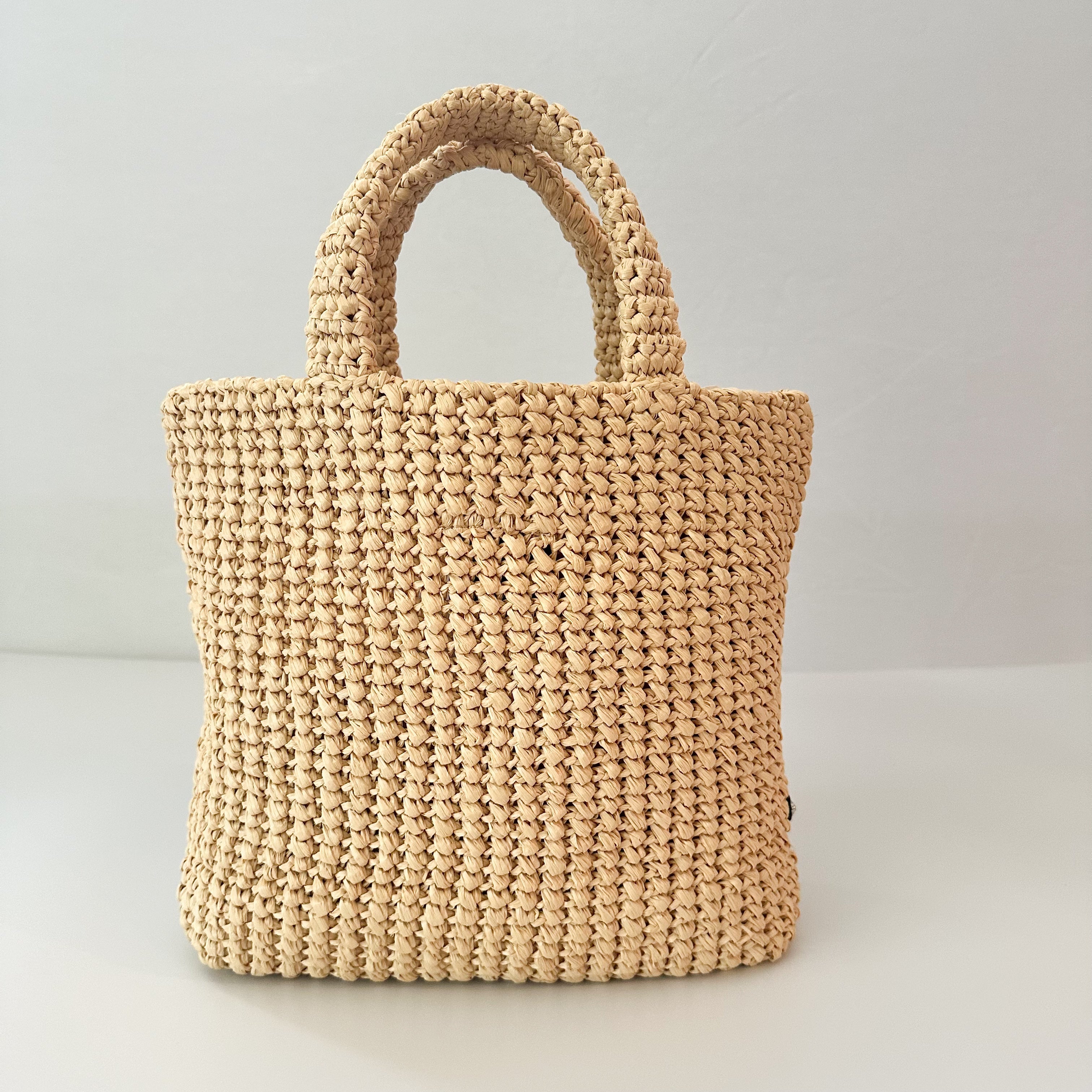 Prada Yarn Raffia Effect Crochet Embroidered Small Logo Tote Naturale