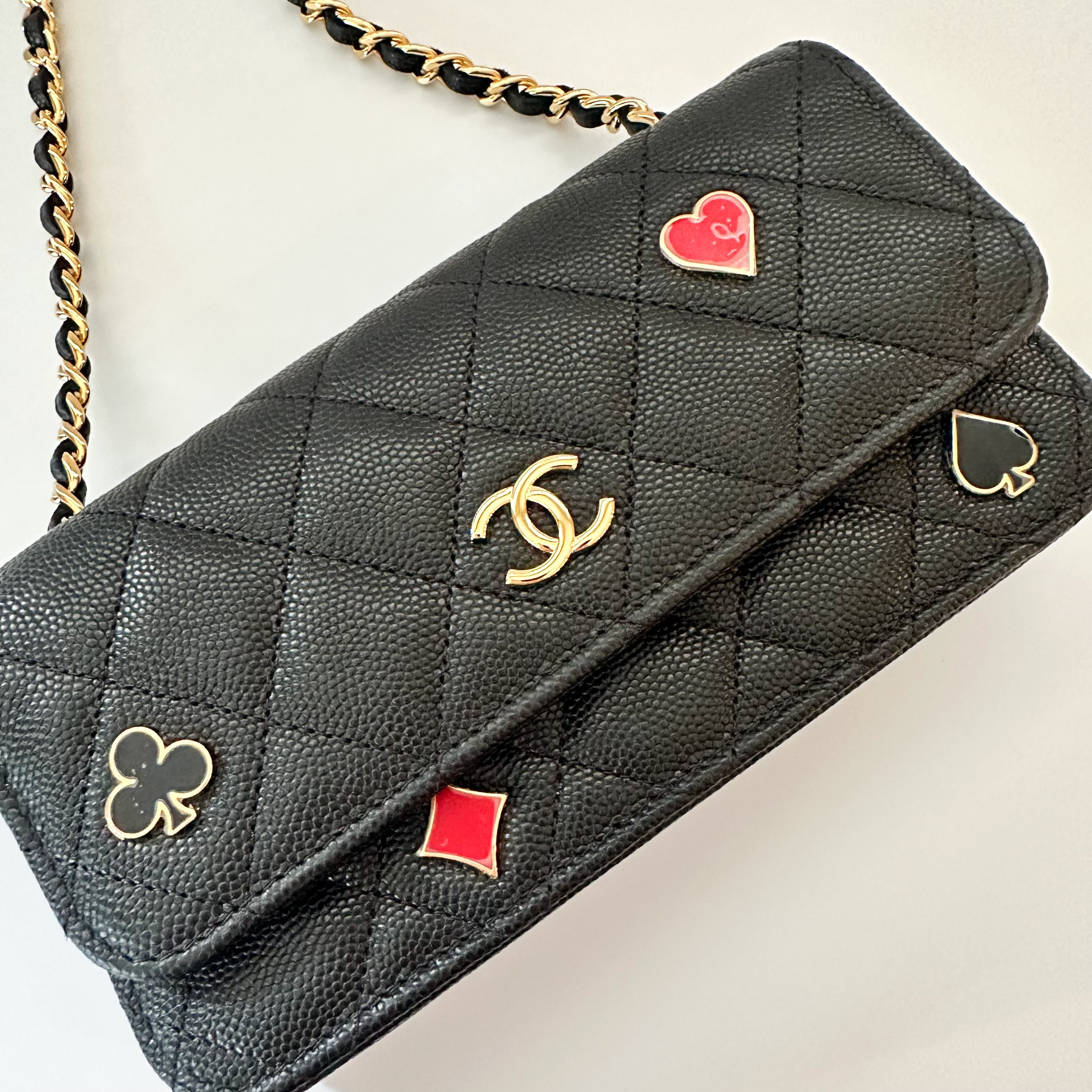 Chanel Caviar Quilted Enamel Coco Casino Flap Phone Holder with Chain Black