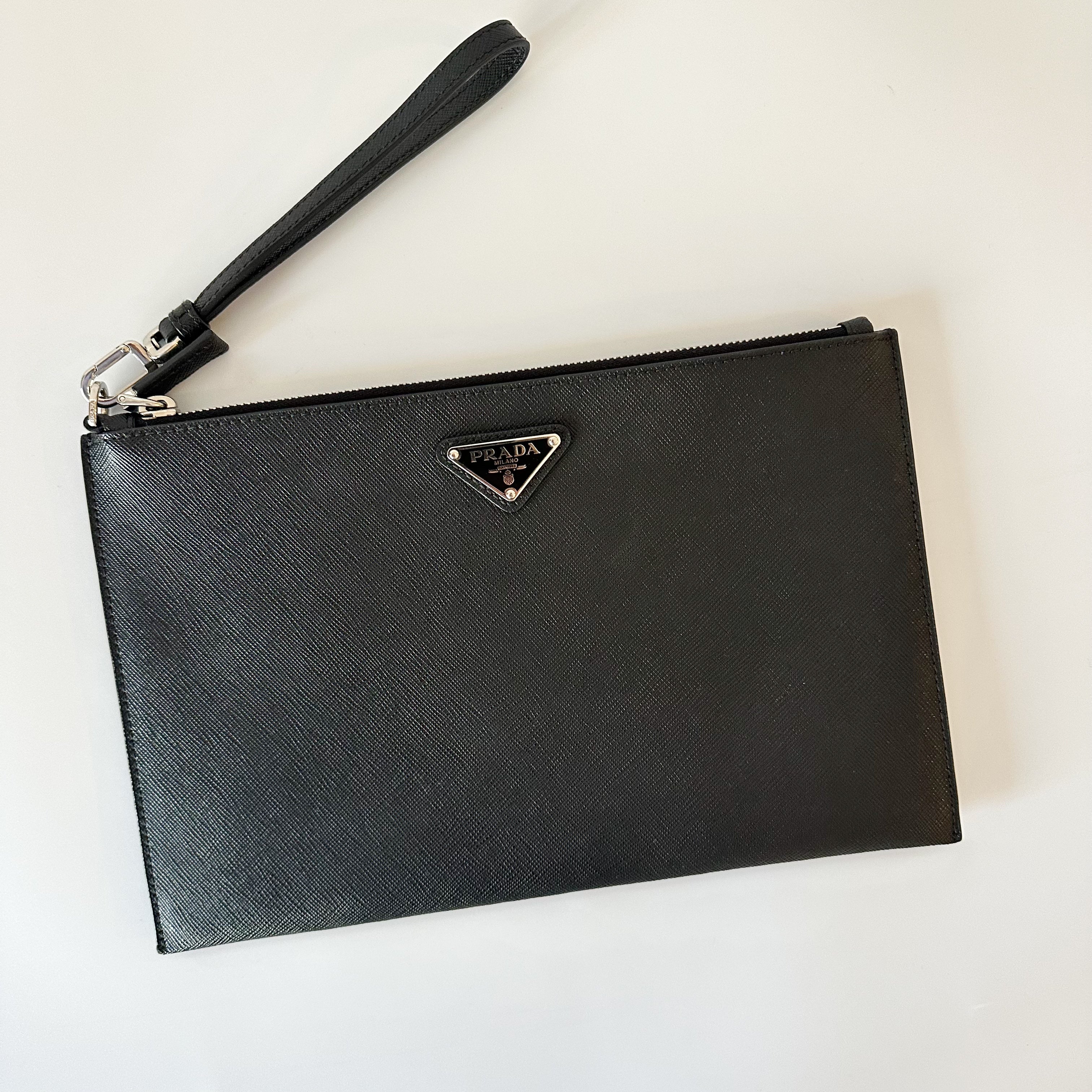 Prada Saffiano Leather Pouch Wristlet Black