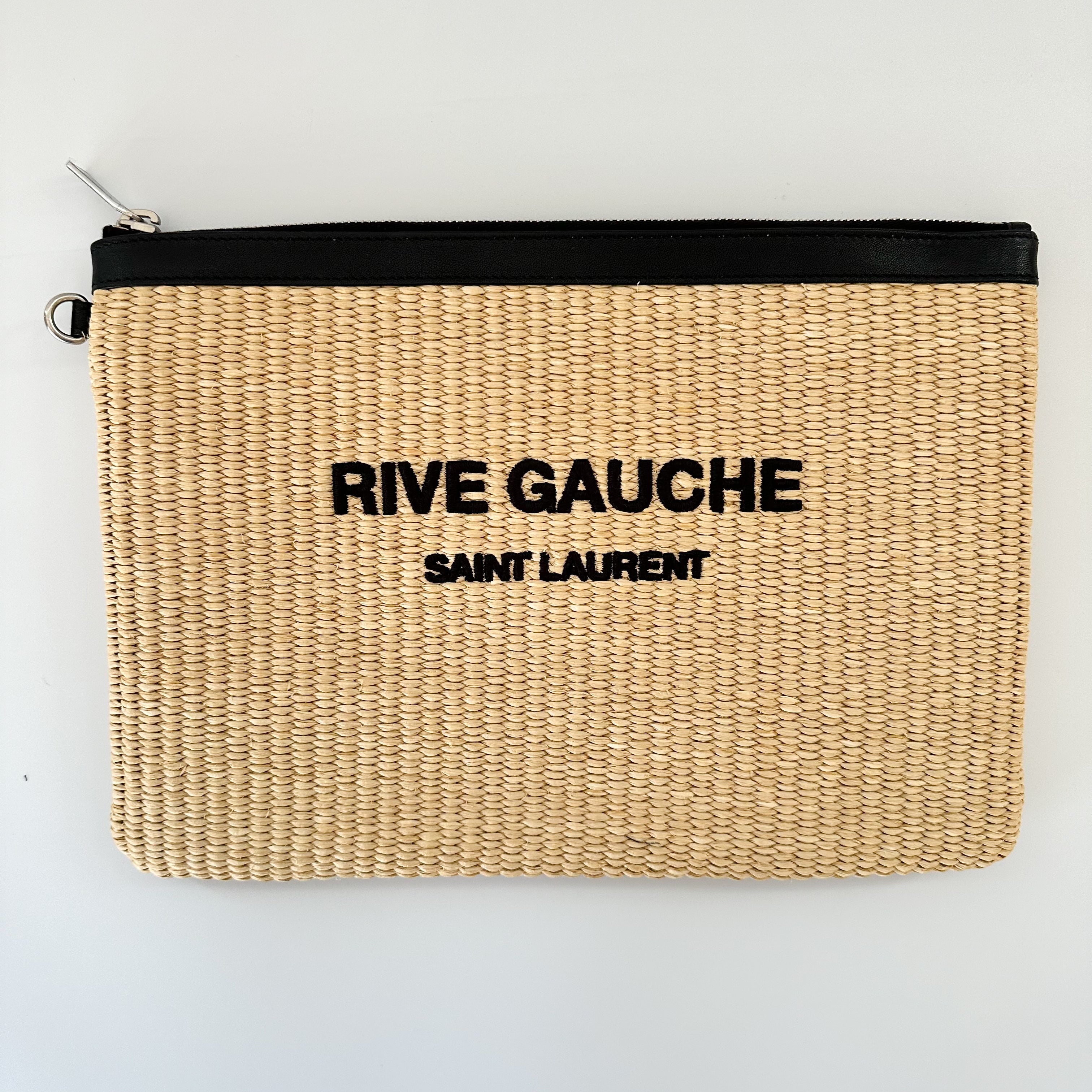 Saint Laurent Raffia Calfskin Rive Gauche Zipped Pouch Naturale Black