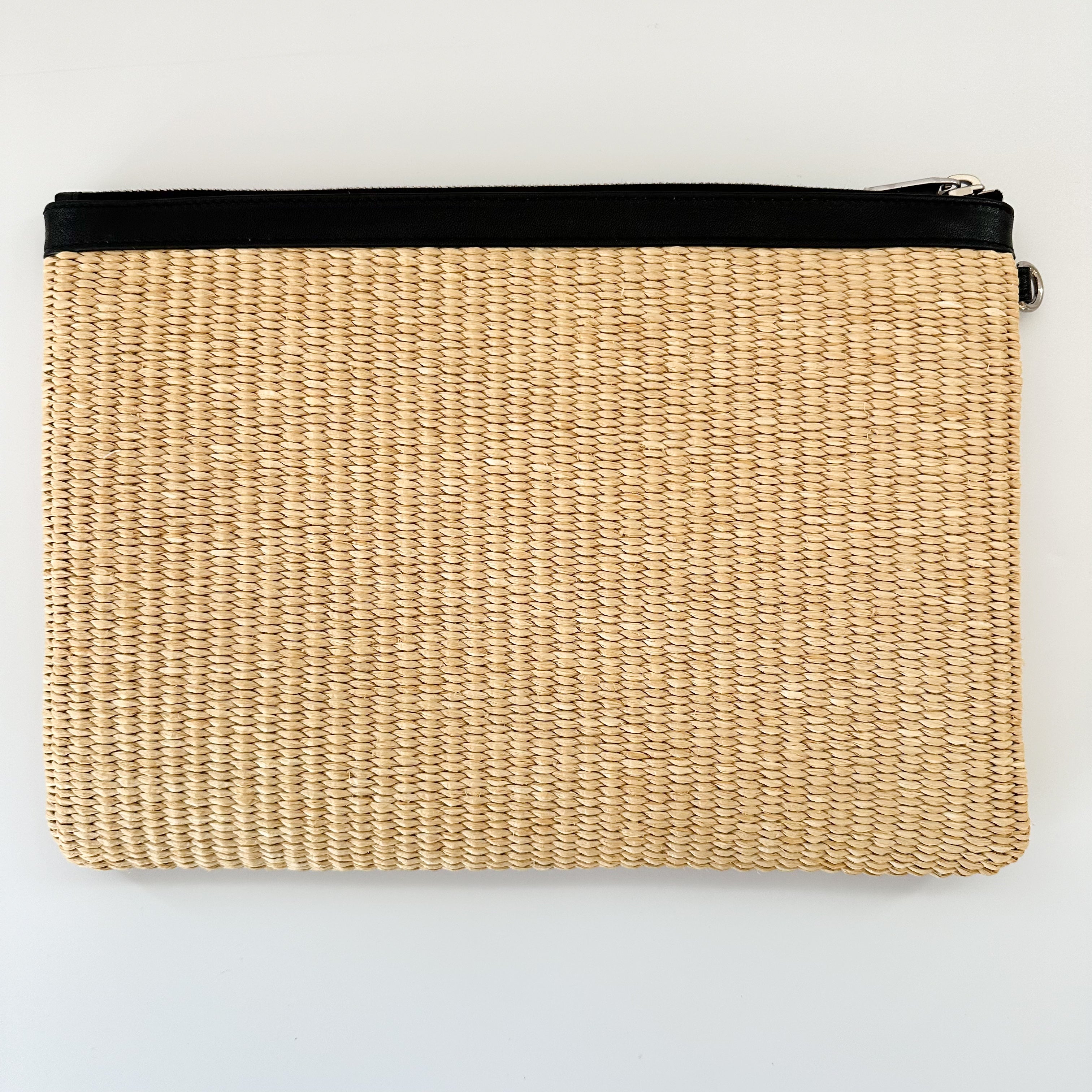 Saint Laurent Raffia Calfskin Rive Gauche Zipped Pouch Naturale Black