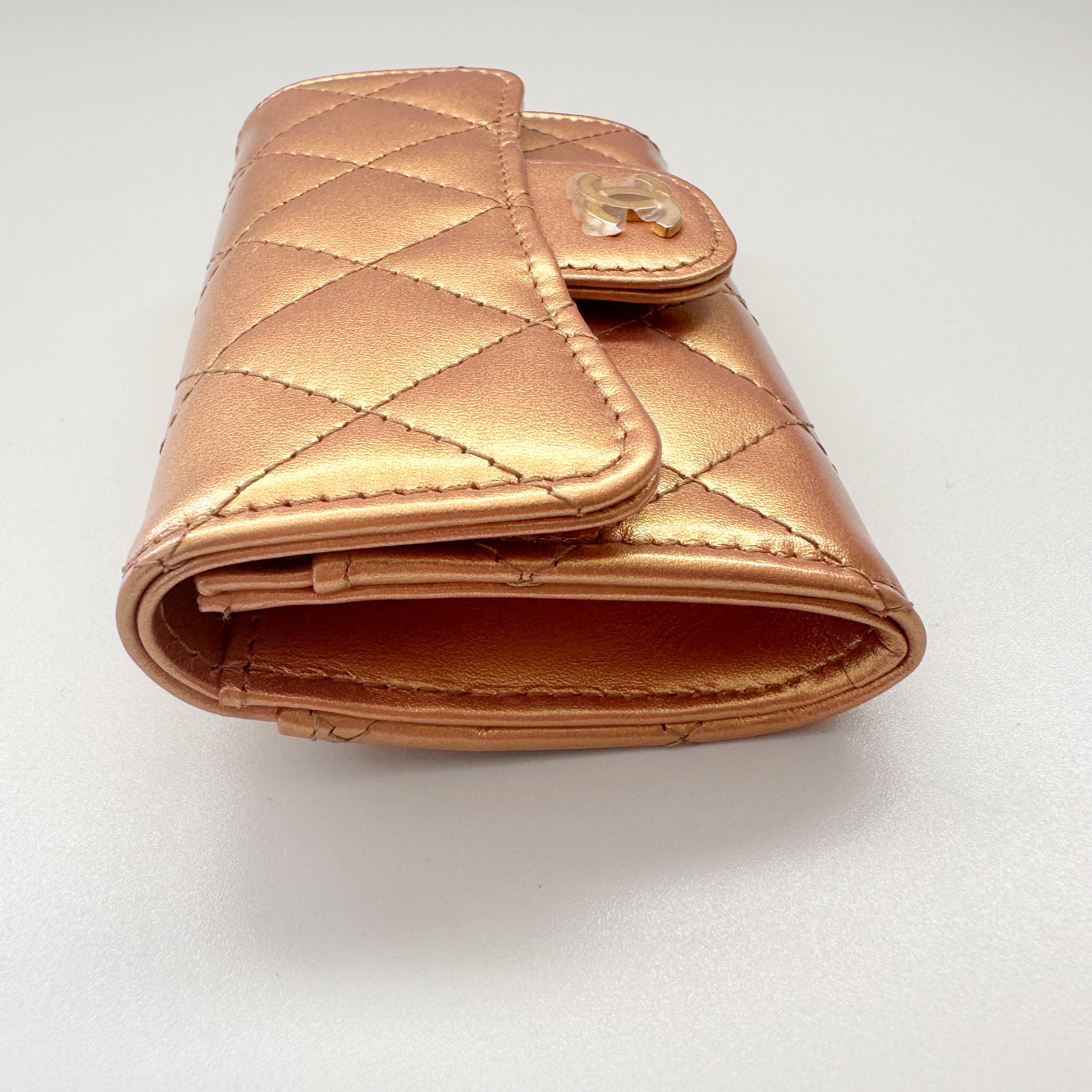 Chanel Metallic Lambskin Quilted Flap Card Holder Wallet Golden