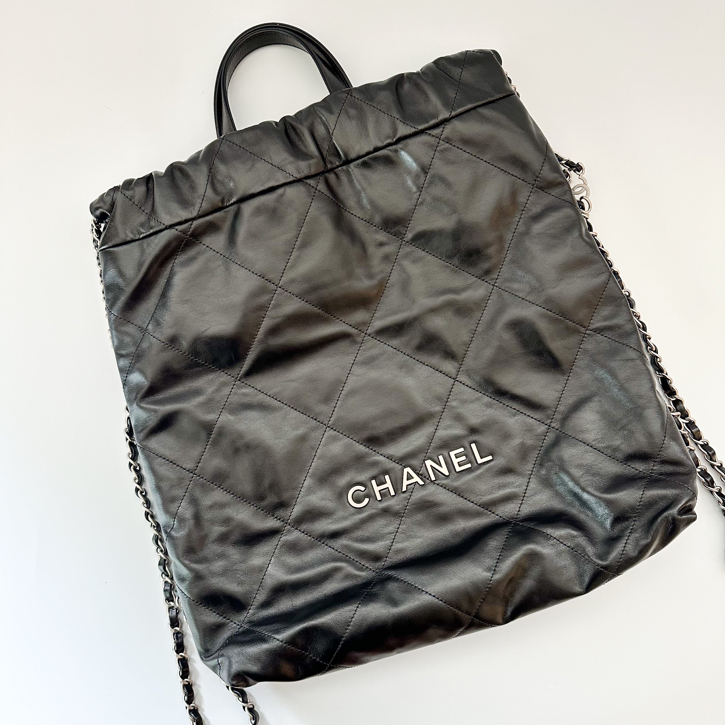 Chanel Shiny Calfskin Quilted Chanel 22 Backpack in Black