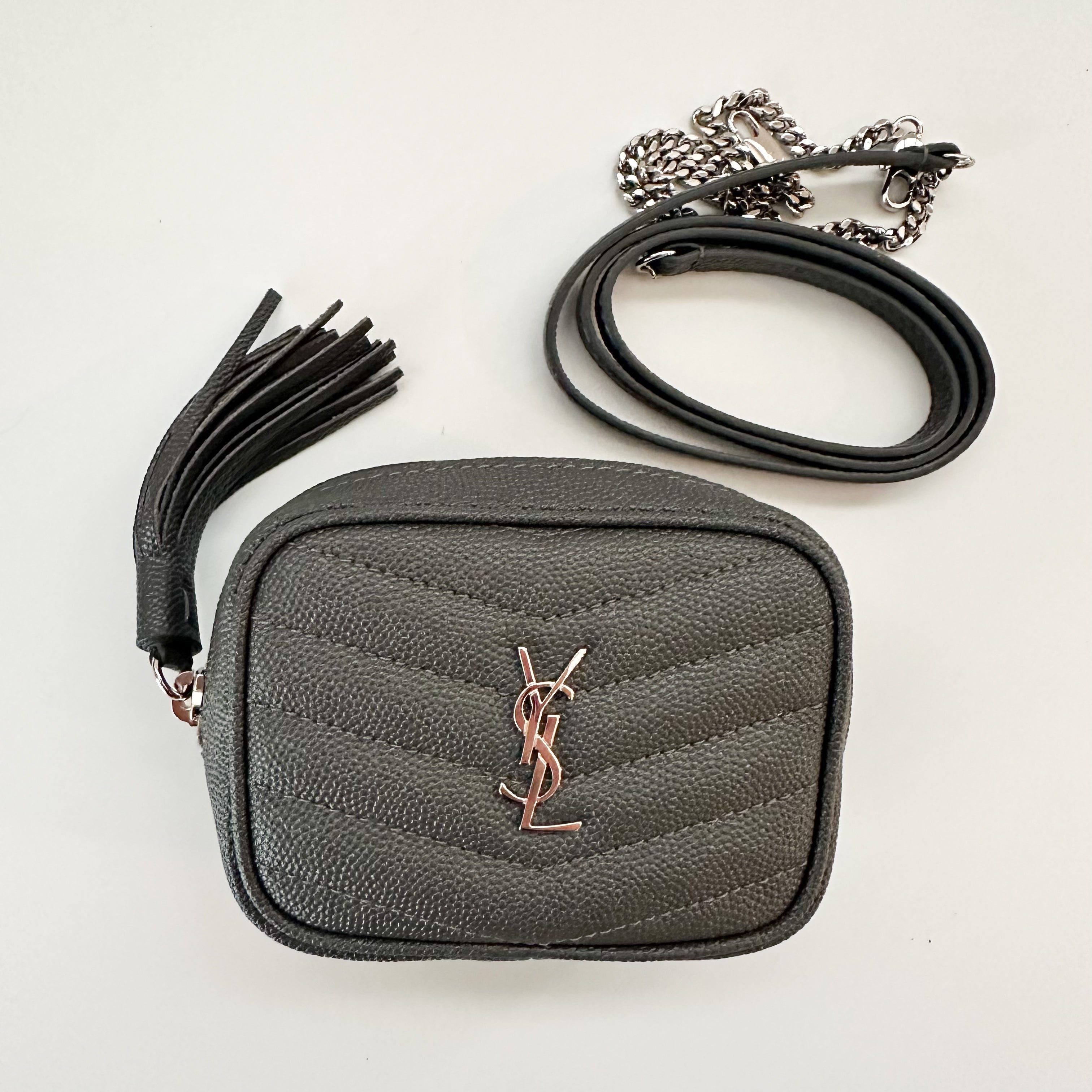 Saint Laurent YSL Grain De Poudre Matelasse Monogram Baby Lou Camera Bag Fog