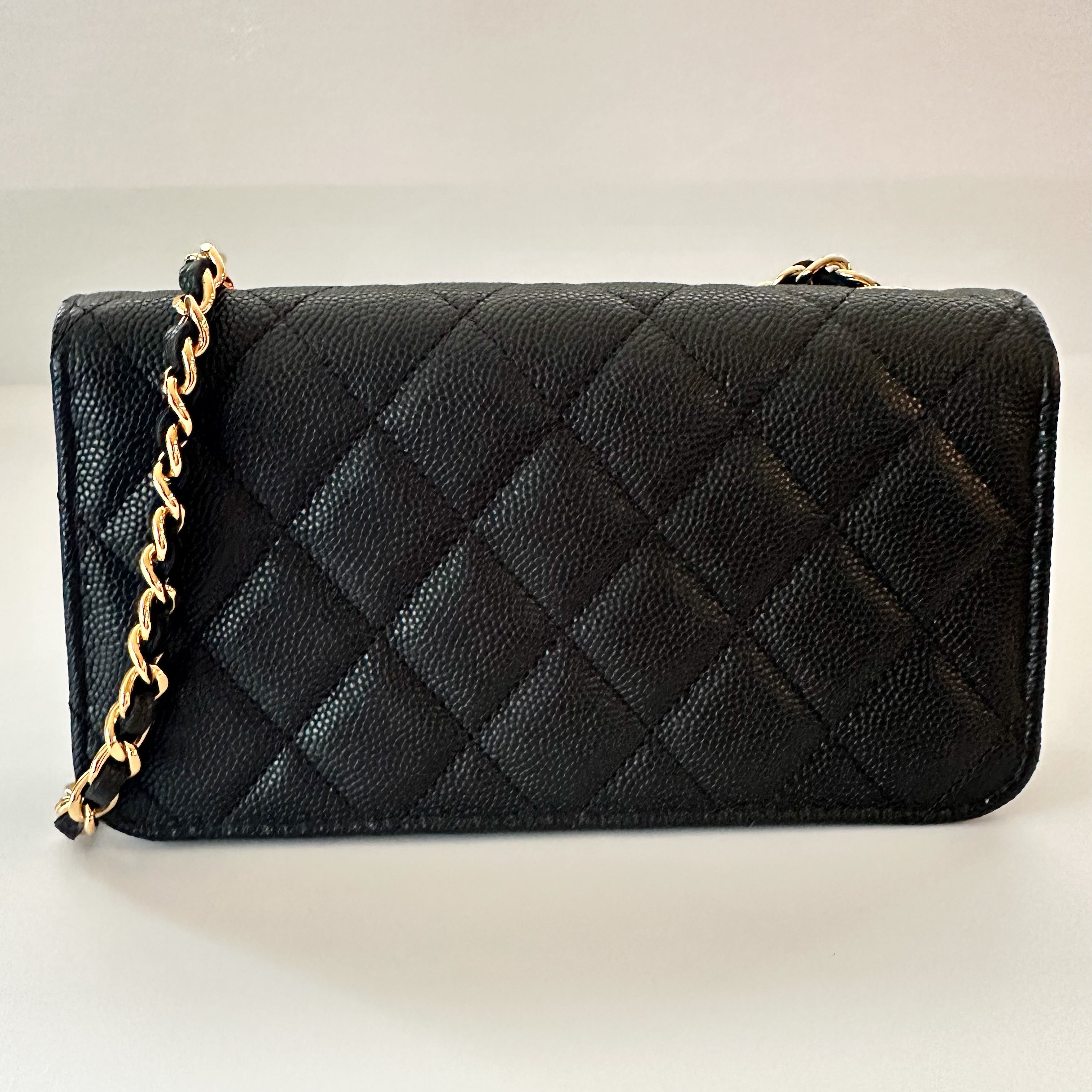 Chanel Caviar Quilted Enamel Coco Casino Flap Phone Holder with Chain Black