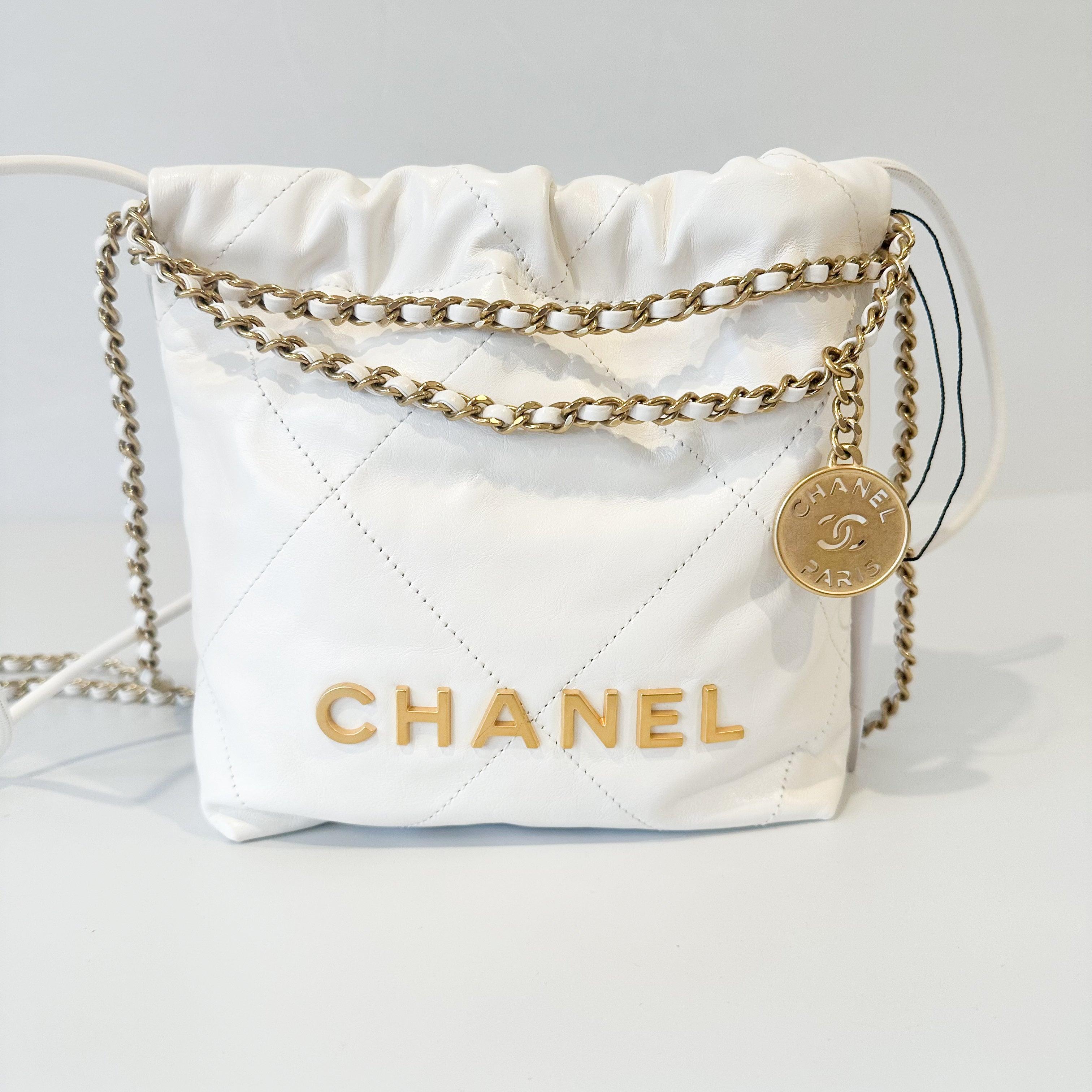 Chanel Shiny Calfskin Quilted Mini 22 White - Hiloresale