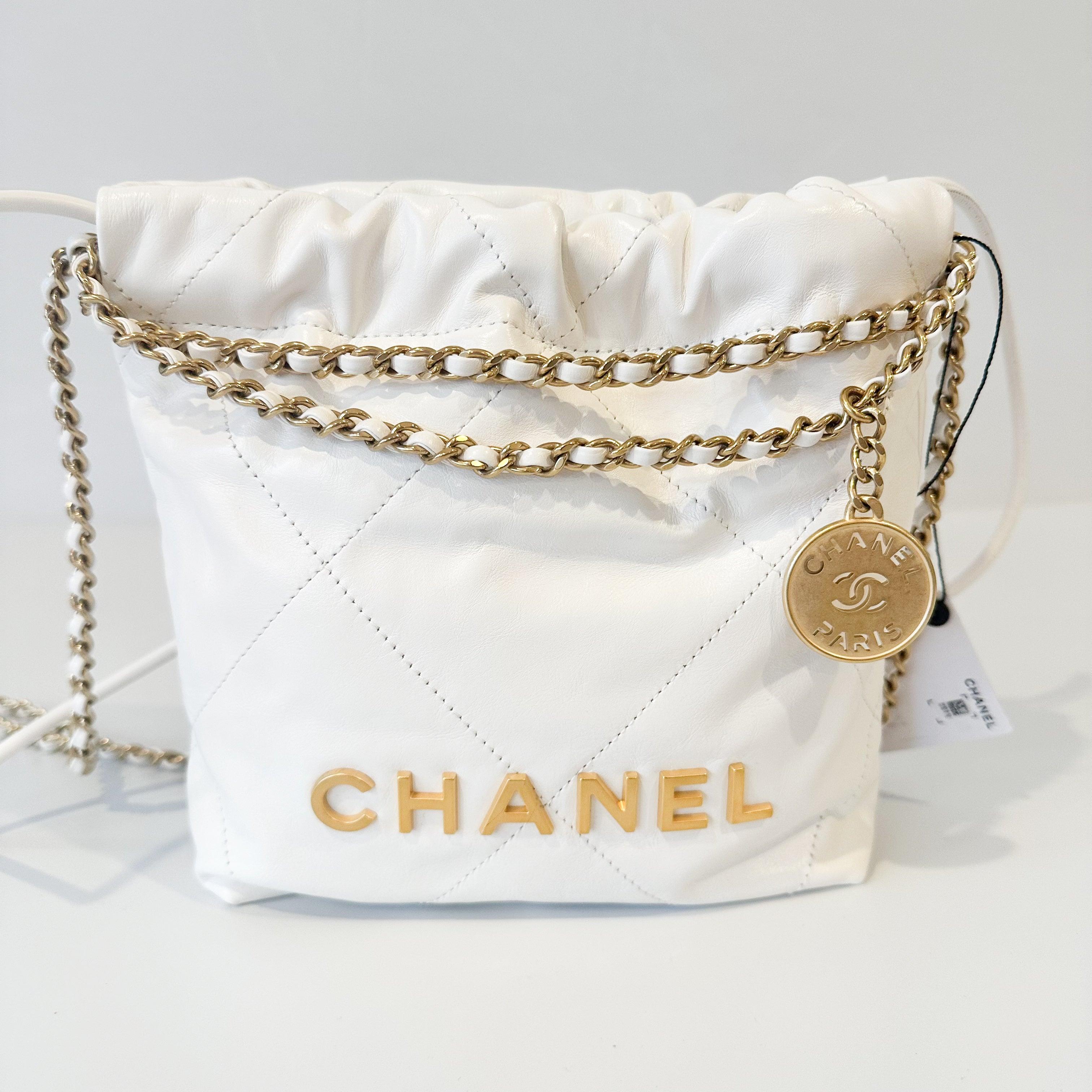 Chanel Shiny Calfskin Quilted Mini 22 White - Hiloresale