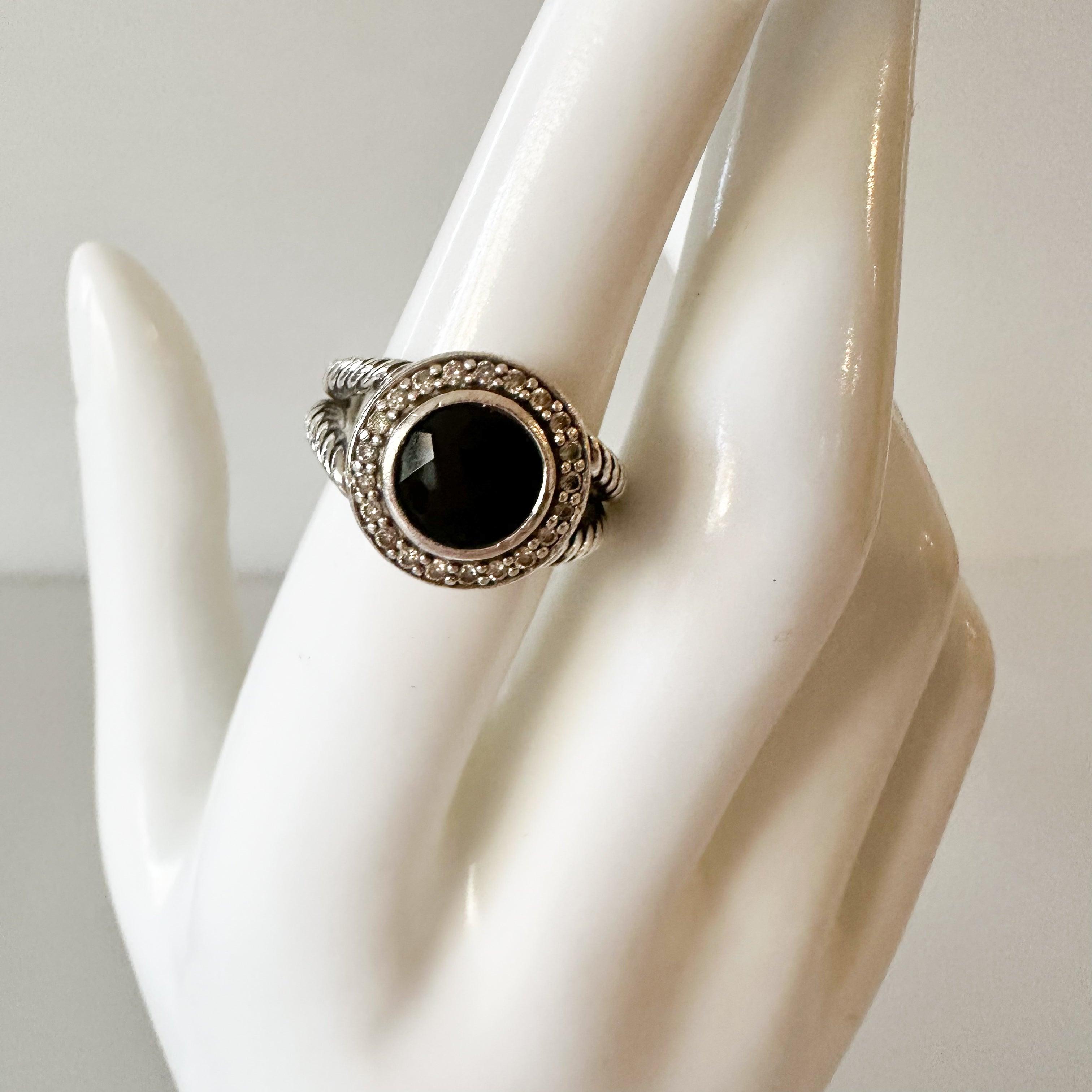 David Yurman Sterling Silver Diamond Black Onyx Ring 8 - Hiloresale