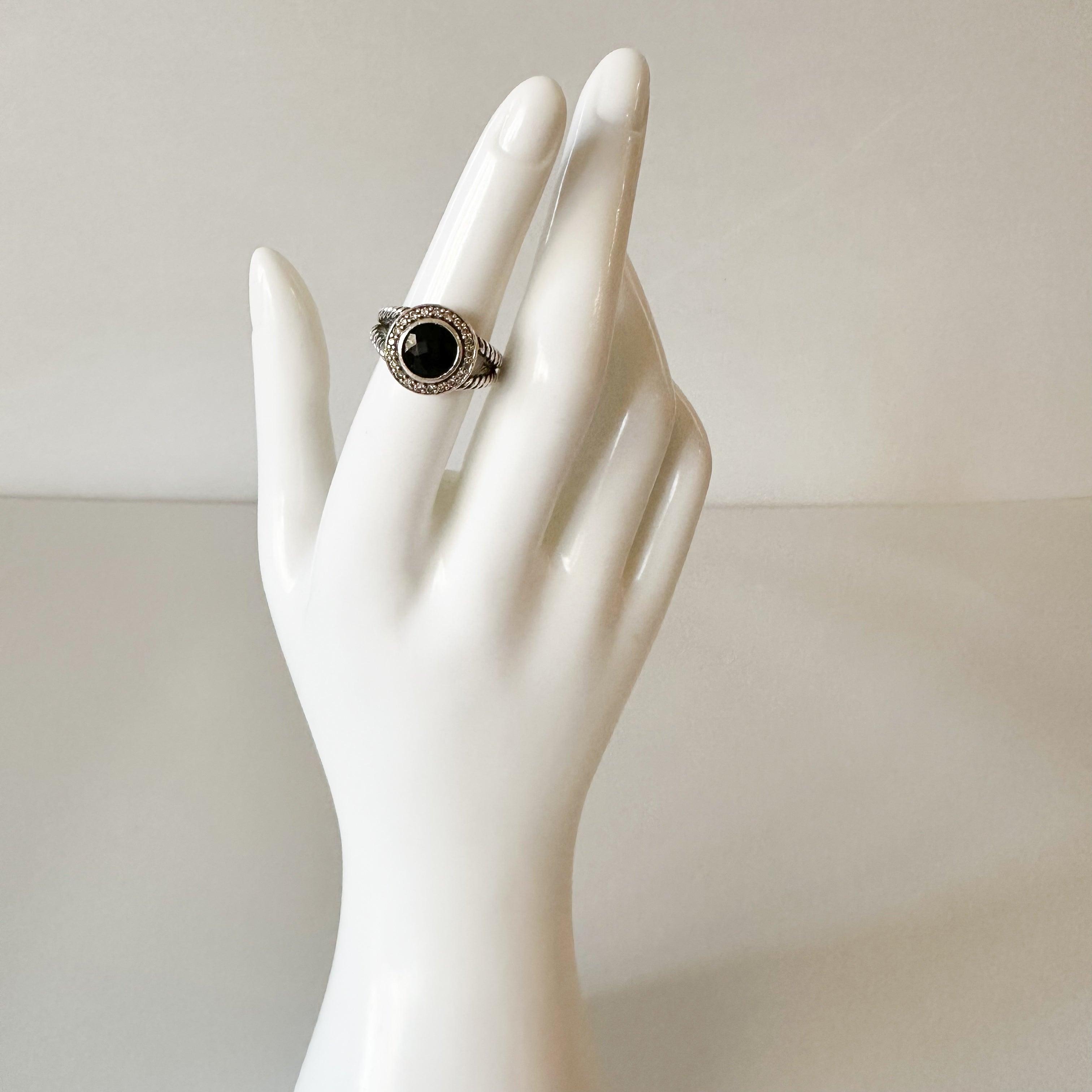 David Yurman Sterling Silver Diamond Black Onyx Ring 8 - Hiloresale