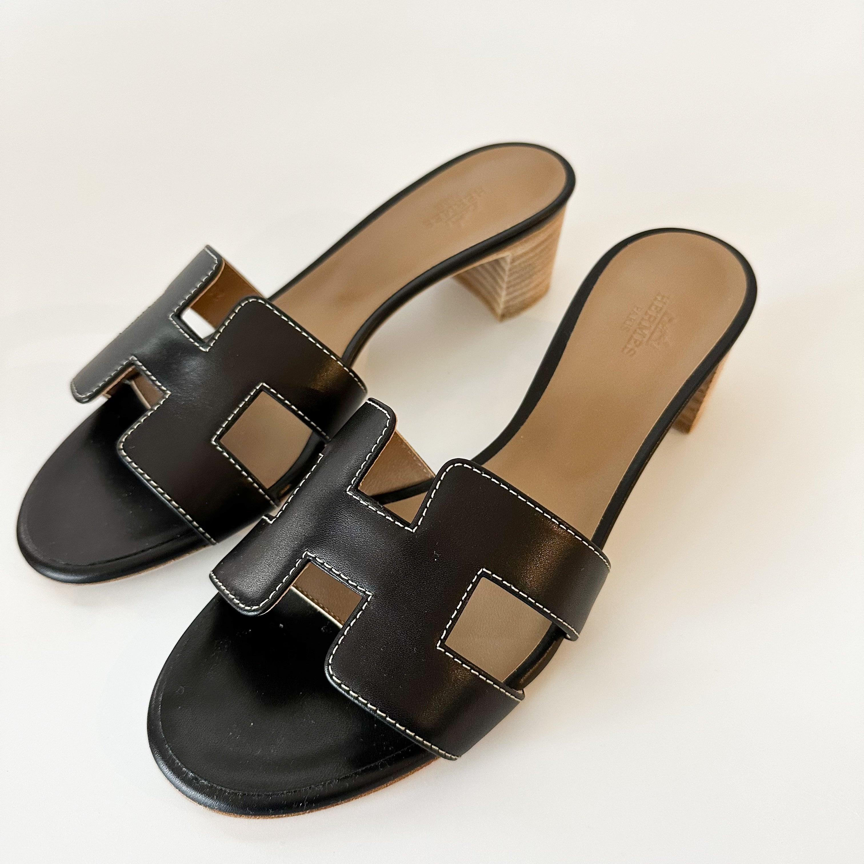 Hermes Oasis Black Sandals Sz 38 - Hiloresale